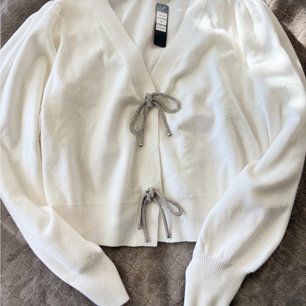Belldini Cream Cardigan with Bow Accents